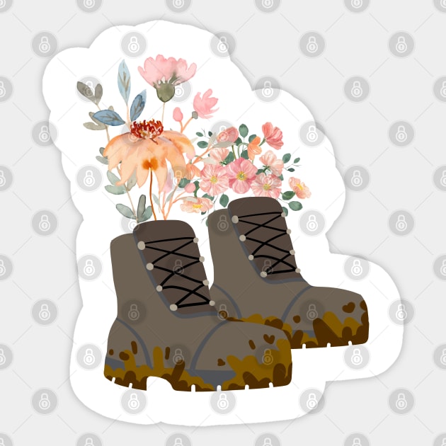 Hiking boots with wildflowers Sticker by Chavjo Mir11